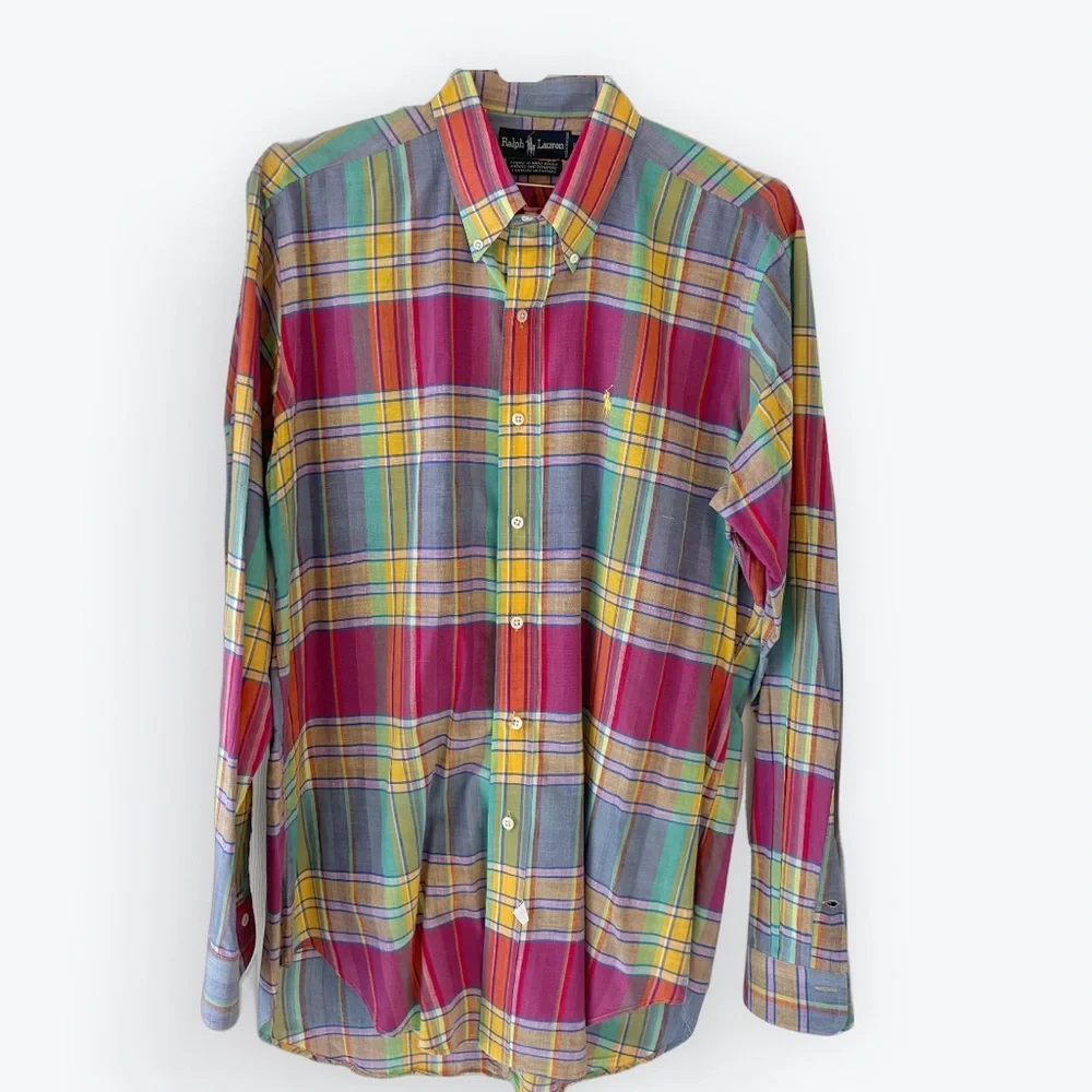 Vintage Ralph Lauren Madras Plaid Long Sleeve Shirt Orange Pink Yellow Blue L - Picture 1 of 7